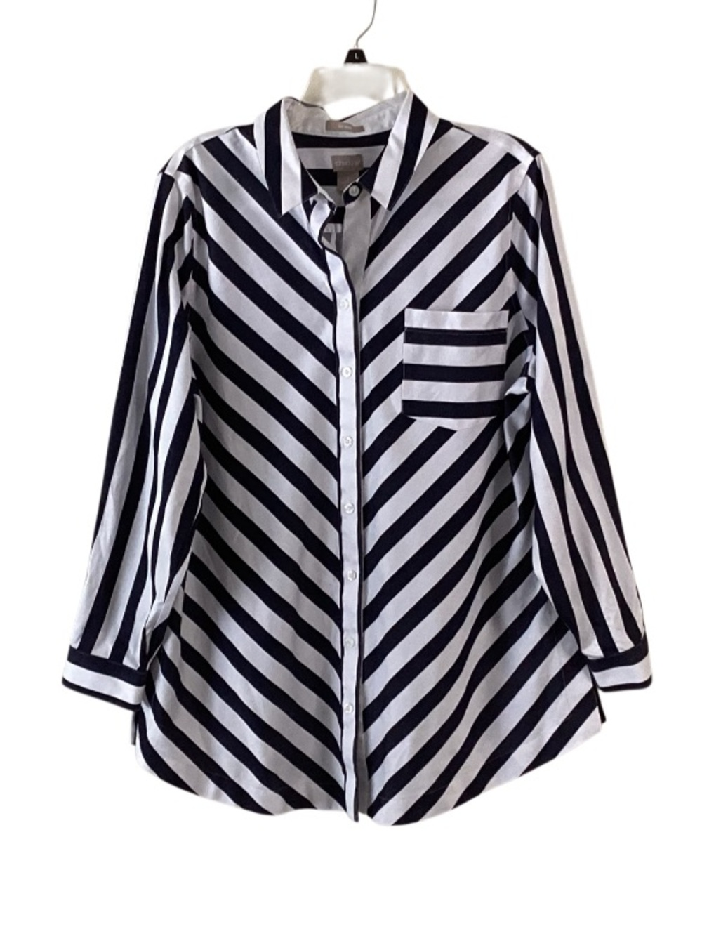 Chico's No Iron Black & White Diagonal Stripe Button-Down Shirt XL